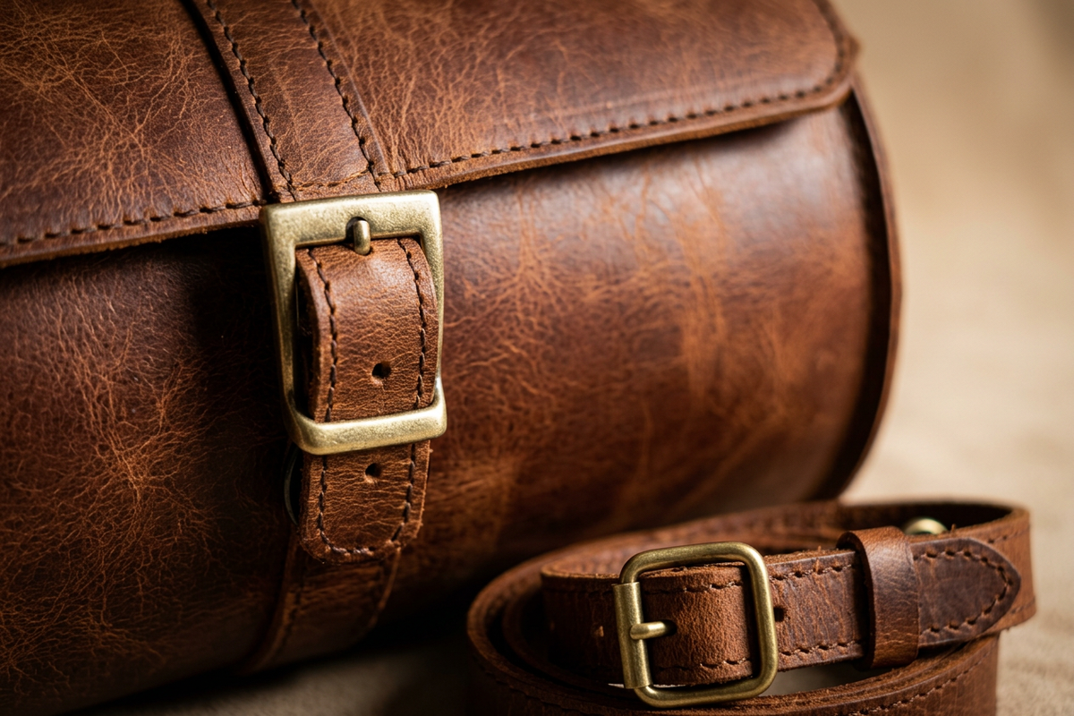 Close-up of the Velora Oran Cylinder Bag's flap closure, showing the rectangular brass-toned buckle, stitched flap edge, and the curved leather body.