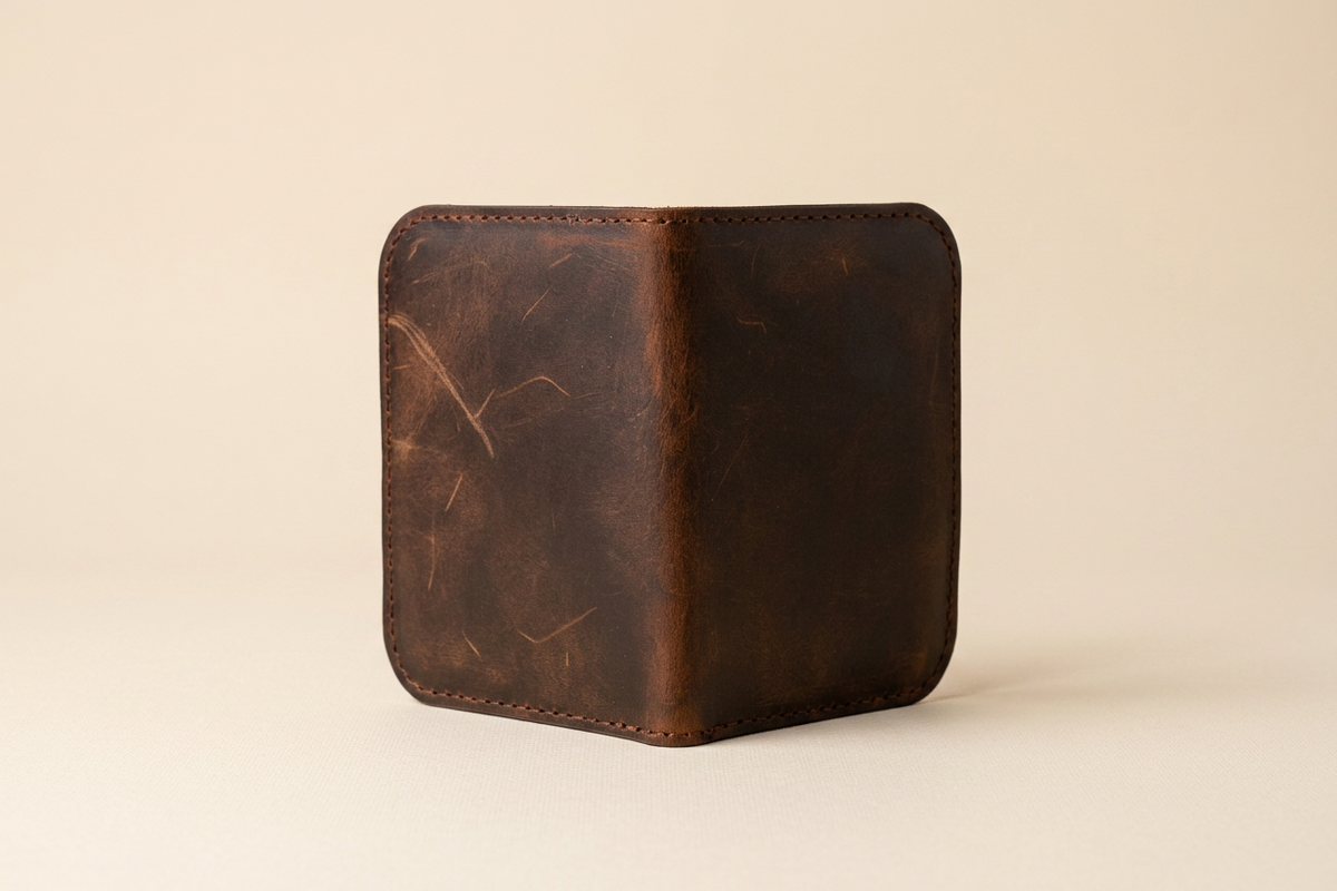 Closed exterior view of the Velora Compact Bifold Card Wallet, showing the bifold silhouette, center fold spine, rounded corners, and perimeter stitching.