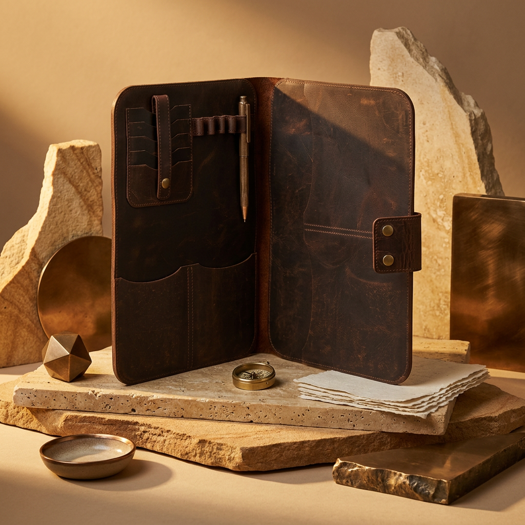 Full-grain leather travel document organizer opened to show fanned card slots, a pen loop, and document pockets on each panel, with a riveted closure tab, styled with a compass and paper sheets.
