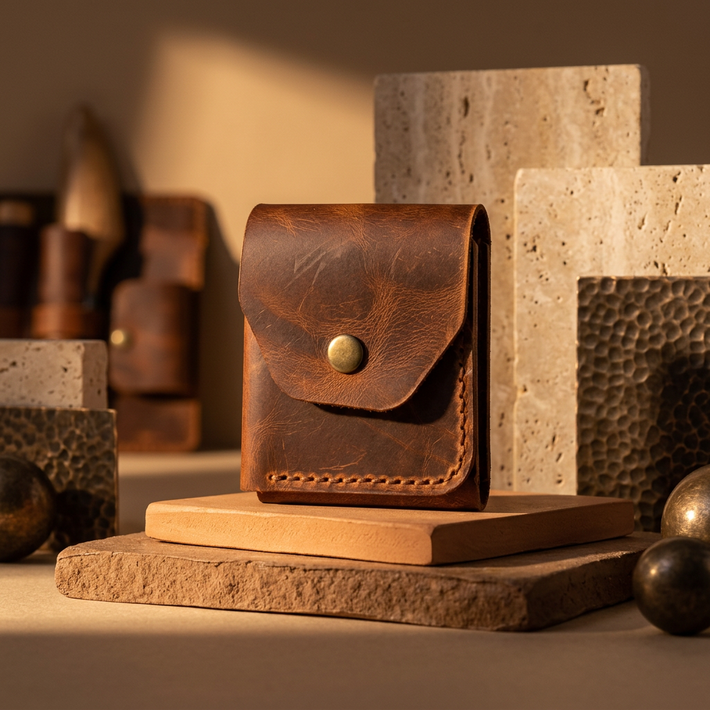 Full-grain leather snap pouch with a rounded flap closed by a brass-toned snap stud and a stitched lacing edge, styled with leathercraft tools and stone tiles.