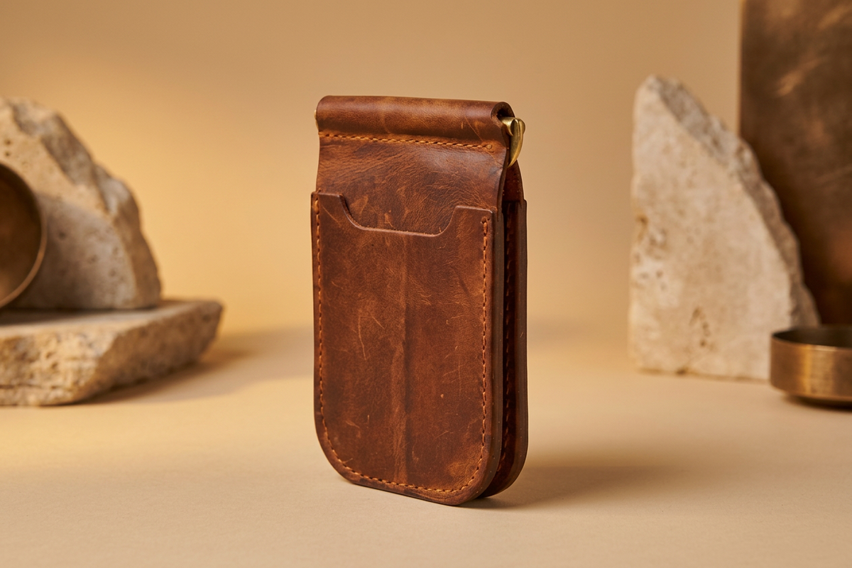 Leather money clip card sleeve with a front card pocket and metal money clip.