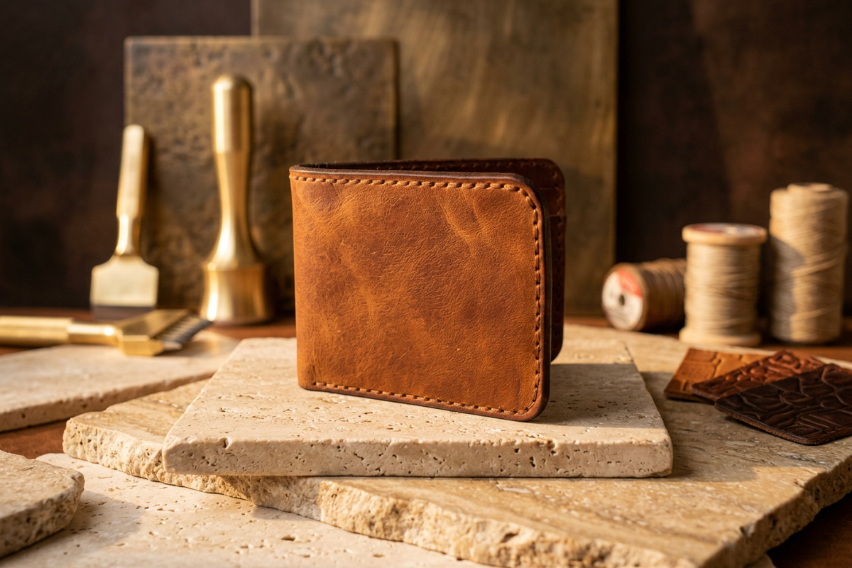 Classic leather bifold wallet, folded, with stitched edges.