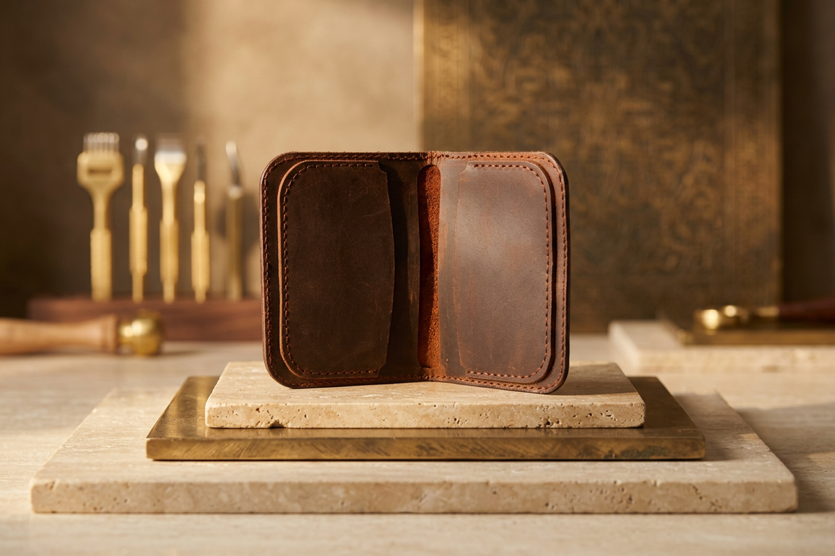Full-grain leather bifold wallet, opened to show two interior panels with rounded, top-stitched edges, styled with leathercraft tools in the background.