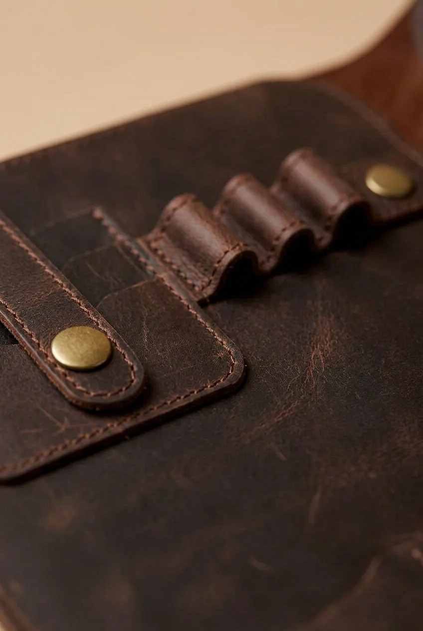 Close-up of the Velora Leather Travel Document Organizer's interior, showing the fanned card slots, two brass-toned rivets on the closure tab, stitching, and leather grain.