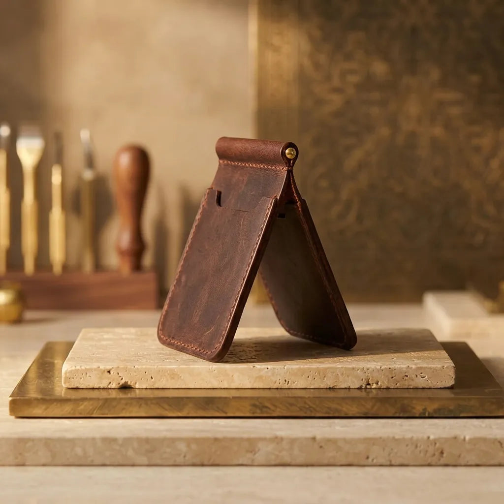 Velora Leather Money Clip Card Sleeve shown propped open at an angle, revealing both the front card pocket panel and the back panel with the money clip visible from behind, styled with leathercraft tools and a gold-toned panel in the background.