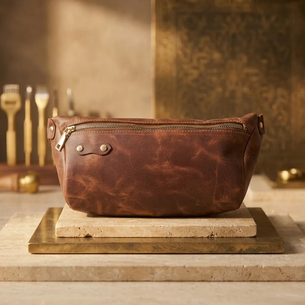 Front view of the Velora Leather Sling Bag on a plain elevated stand, showing the full crescent silhouette, zipper closure, and side attachment hardware, styled with brass tools in the background.
