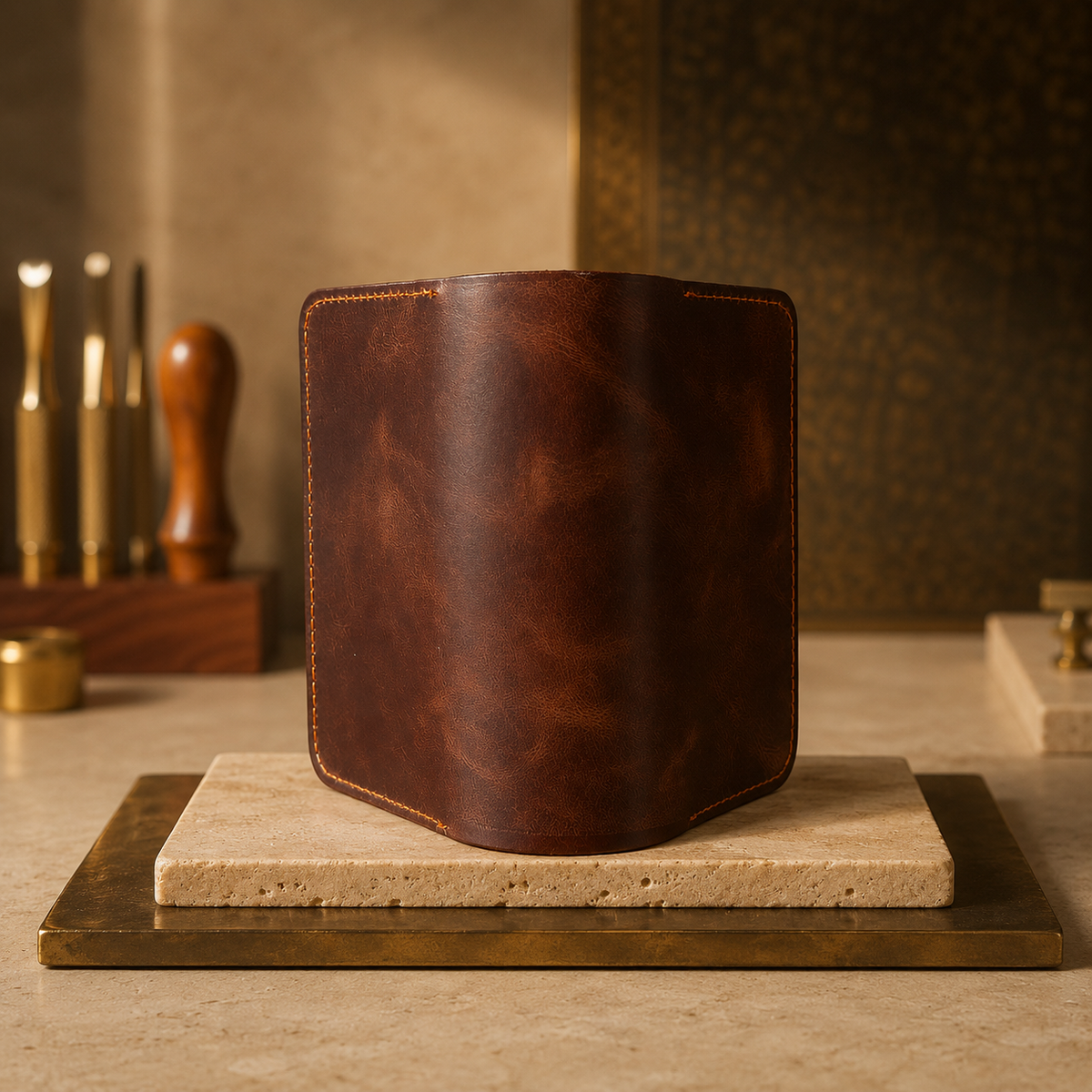Velora Mira passport wallet closed and standing upright, showing the dark cognac leather spine with contrast stitching along the edges.