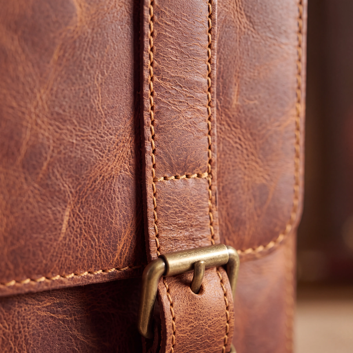 Close-up of Velora Mason showing the brass-toned buckle closure, stitched leather strap, and front flap construction.