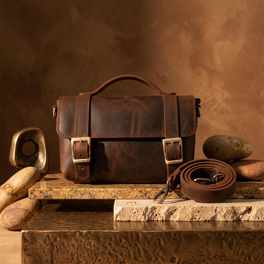 Vintage Espresso full-grain leather satchel bag with twin buckle closures, a top carry handle, and an additional strap with a clip-style hook, set against a warm stone backdrop.