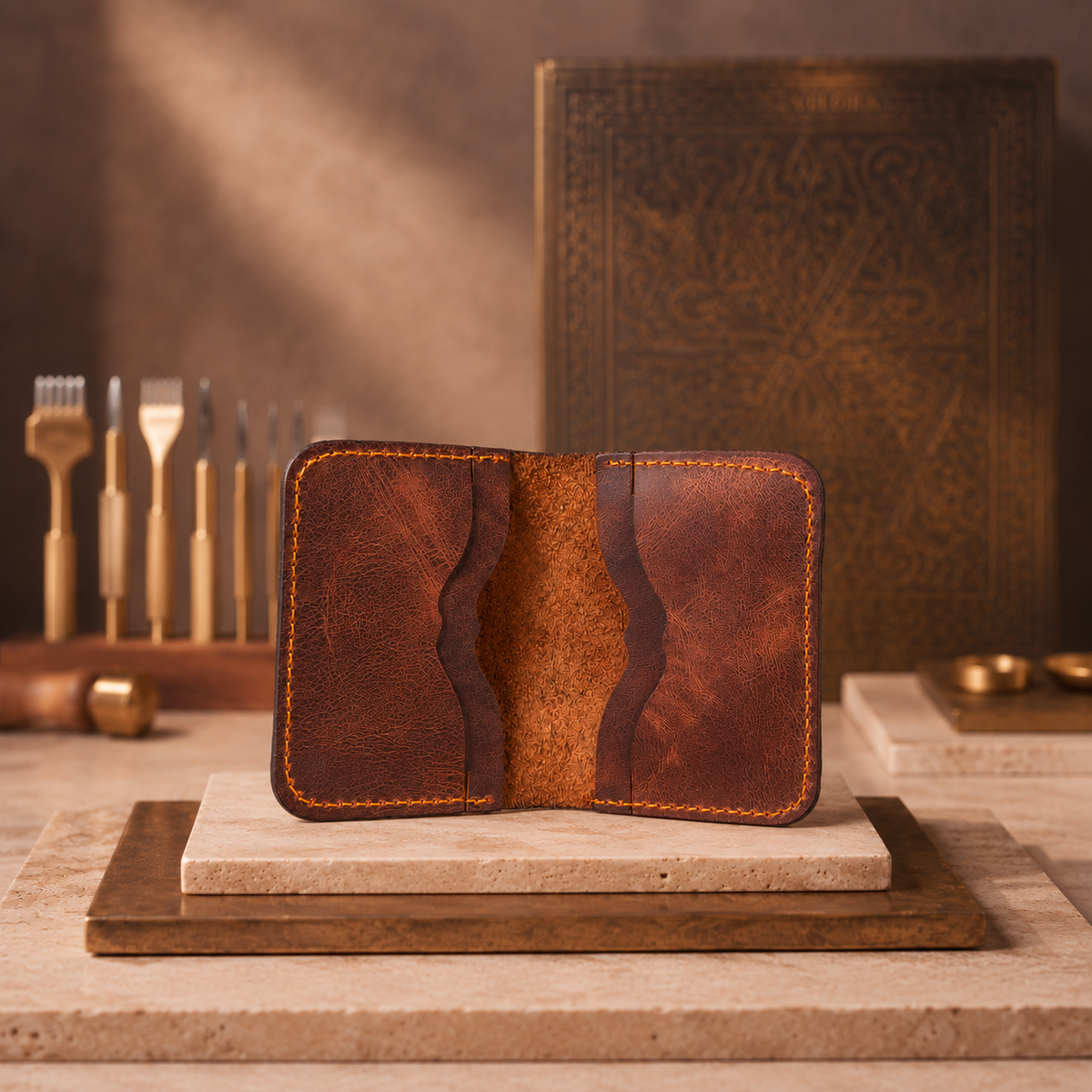 Velora Lina leather bifold card wallet open and standing upright, showing both interior panels with curved card-slot construction and orange stitched edges.