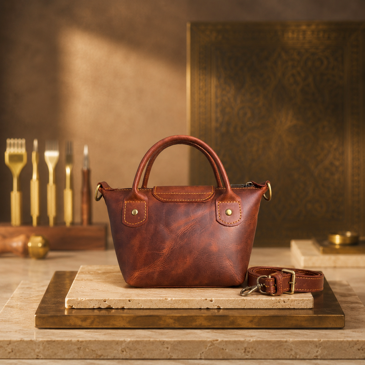 Velora Rowan Small leather tote bag - three-quarter view with strap