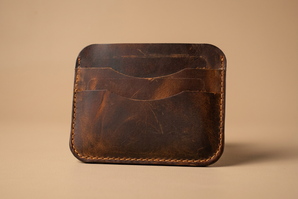 Front view of the Velora Slim Front Pocket Card Holder against a plain background, showing the stepped three-tier front pocket, open top, rounded corners, and stitched edges.