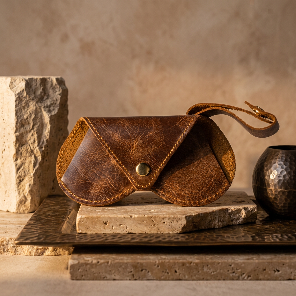 Leather sunglasses case with a rounded flap, metal snap closure, and wrist loop strap.