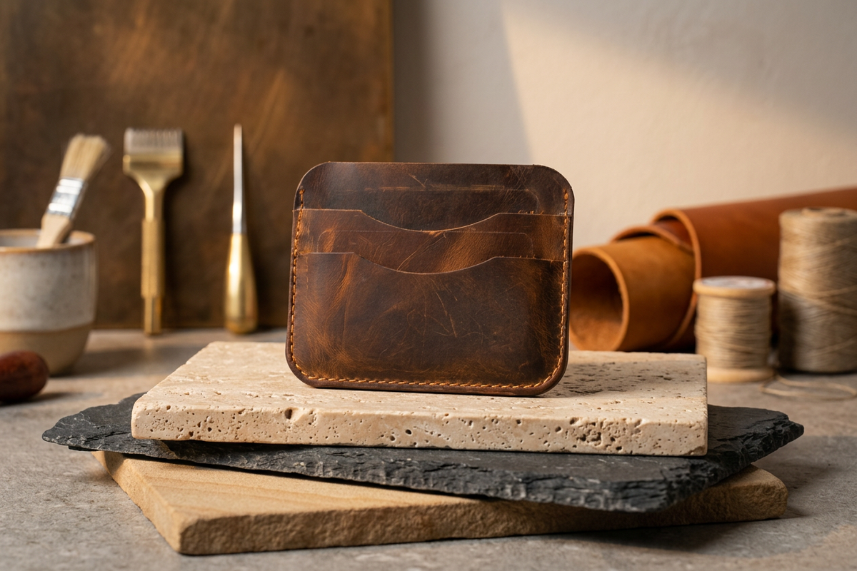 Slim leather card holder with a stepped, three-tier front pocket and open top.