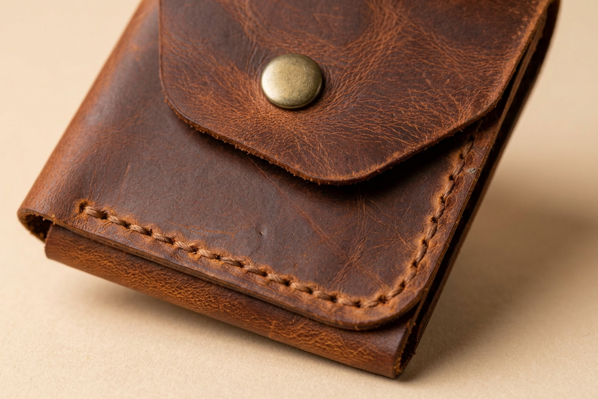 Close-up of the Velora Leather Snap Pouch's flap closure, showing the brass-toned snap stud, stitched lacing edge, and the natural grain of the leather.