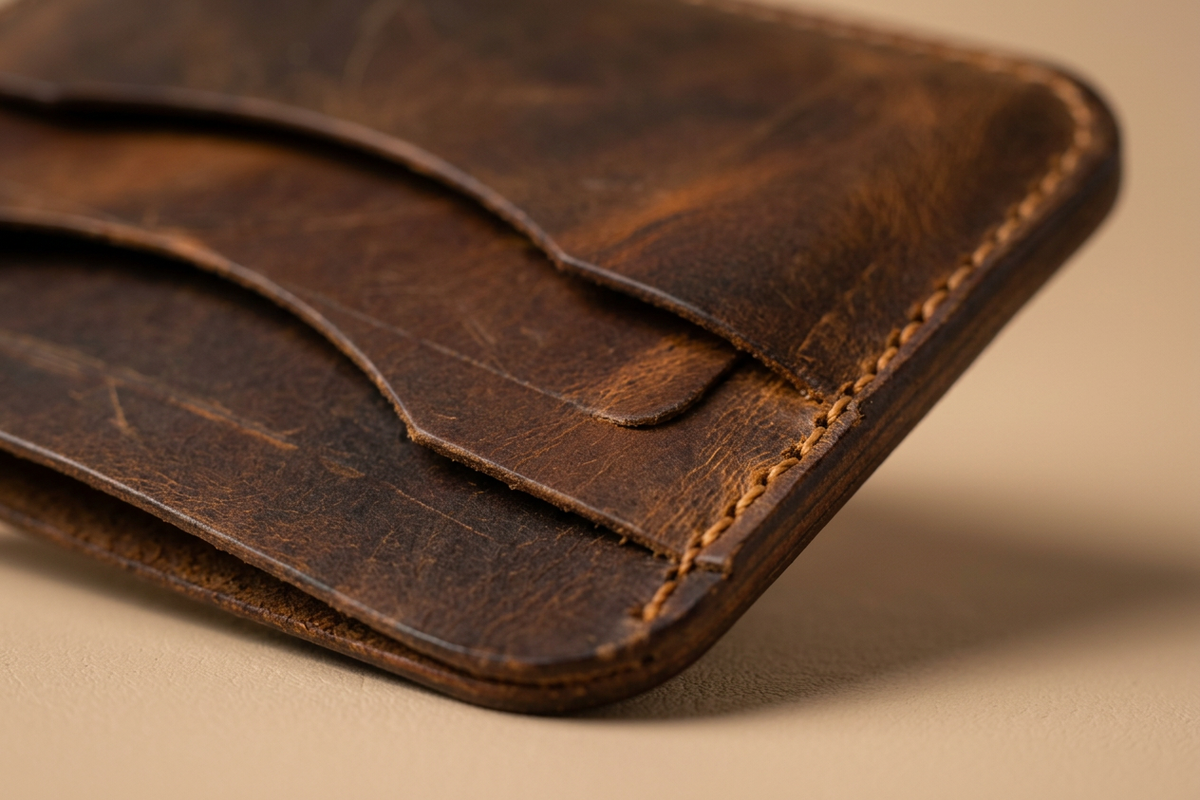 Close-up of the Velora Slim Front Pocket Card Holder's stepped card-slot construction, showing the top-stitched rounded corner, layered pocket tiers, and the natural grain of the leather.