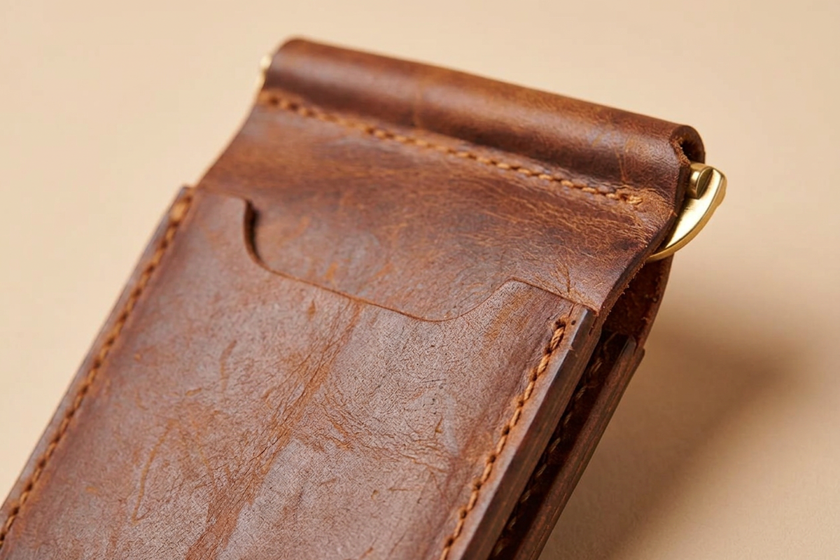 Close-up of the Velora Leather Money Clip Card Sleeve's top fold, showing the brass-toned metal money clip attached at the top edge, the stitched fold and card pocket edge, and the natural grain of the leather.