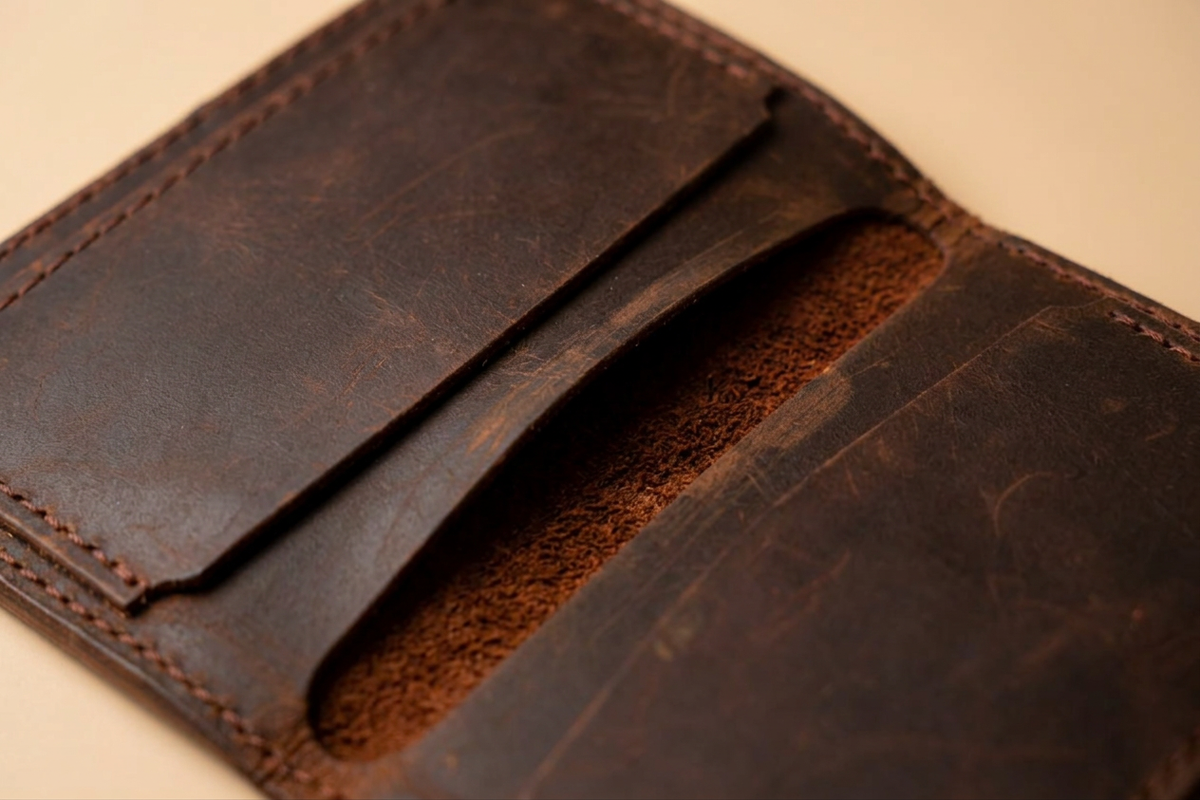 Close-up of the interior of the Velora Compact Bifold Card Wallet, showing the card slot opening, suede-lined pocket interior, top-stitching, and the natural grain of the leather.