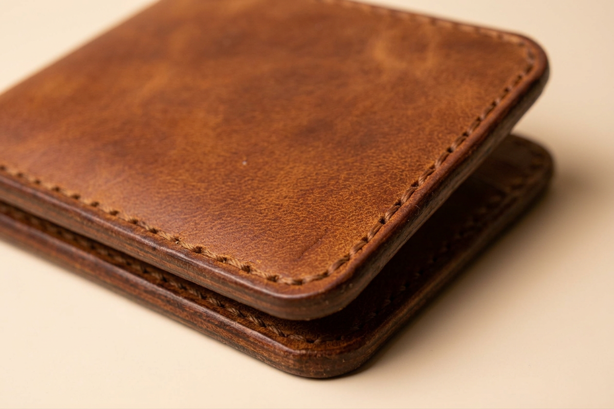 Close-up of the Velora Classic Bifold Wallet's exterior corner, showing the perimeter stitching, rounded edge construction, and the natural grain of the leather.