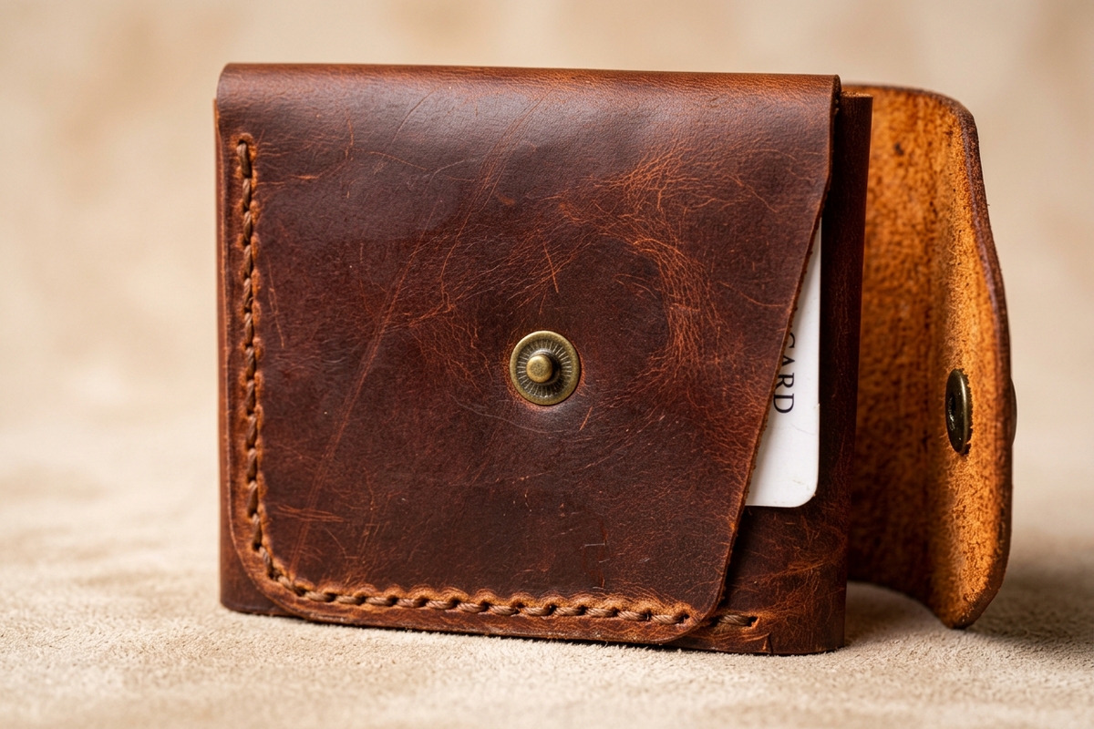 Velora Leather Snap Pouch shown partially open at an angle, with the flap lifted to reveal the interior lining, snap, and a card visible in the front slot.