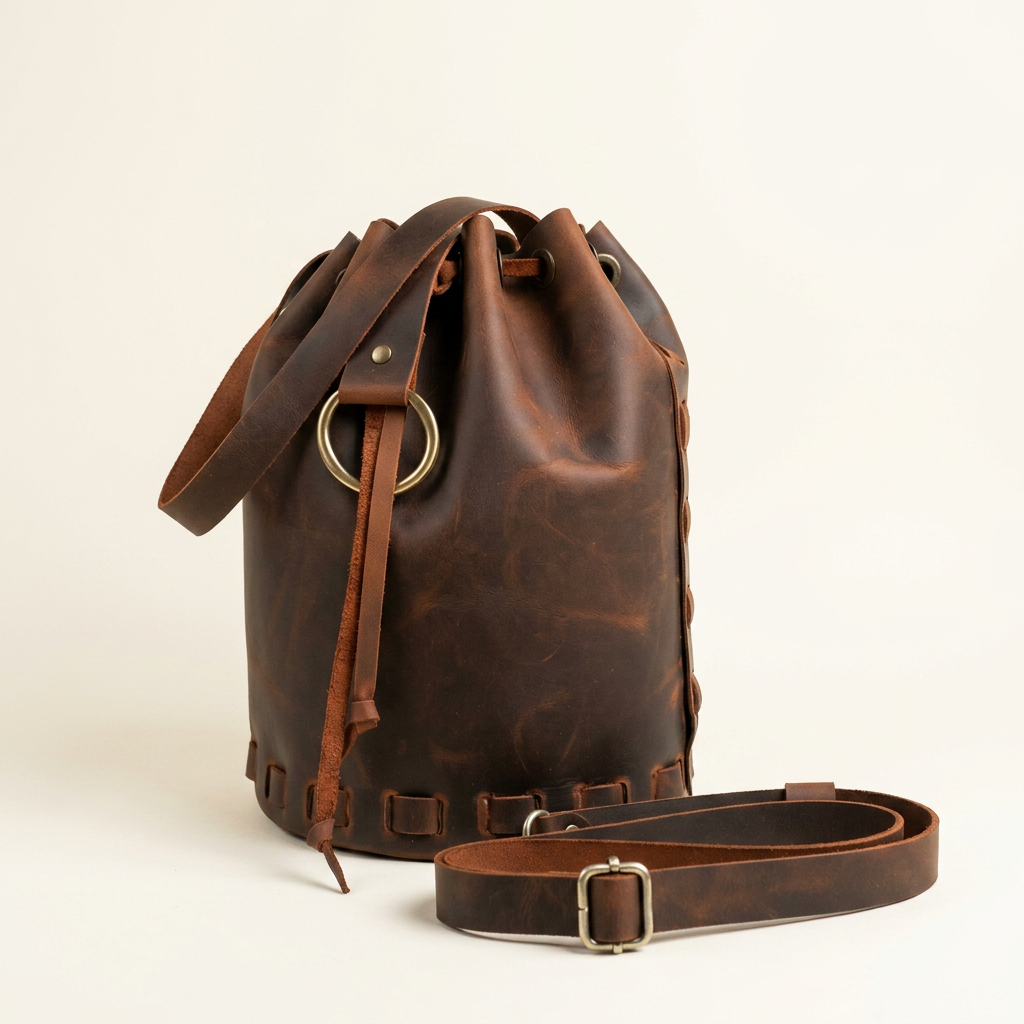 Front three-quarter view of the Velora Elian Bucket on a plain background, showing the full bucket silhouette, drawstring top, ring pull, woven base lacing, and the detachable leather crossbody strap.