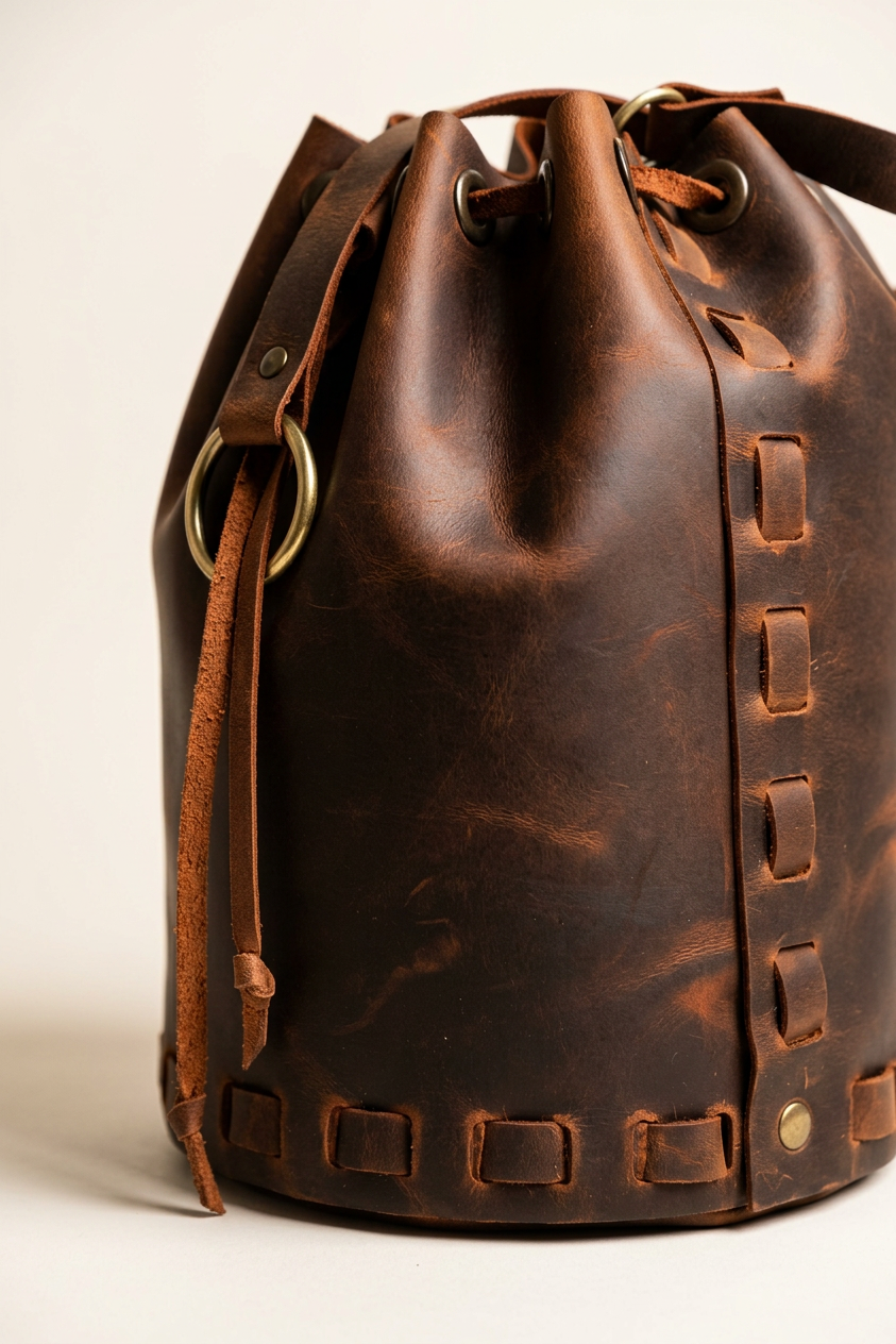 Close-up of the Velora Elian Bucket's drawstring top closure, showing the leather cord threaded through metal eyelets, the leather tab and ring pull, and the woven leather lacing along the side seam.