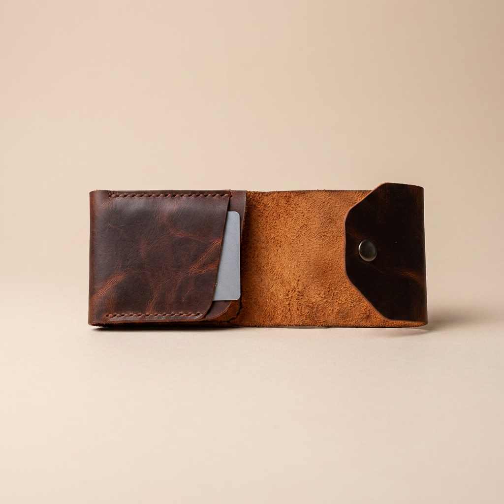 Velora Leather Snap Pouch opened flat, showing the leather-lined interior, the underside of the flap with the snap post, and a card resting in an interior slot.