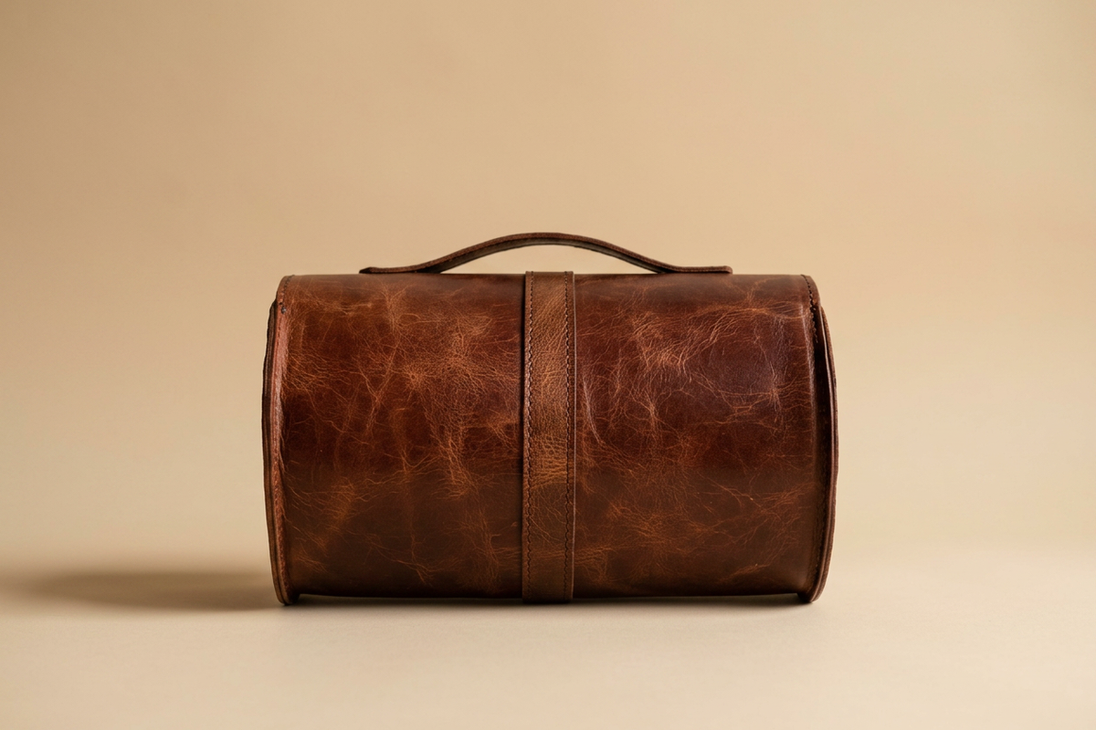 Rear view of the Velora Oran Cylinder Bag showing the opposite end cap, the arched top handle's stitched attachment, and the vertical center seam down the back of the body.