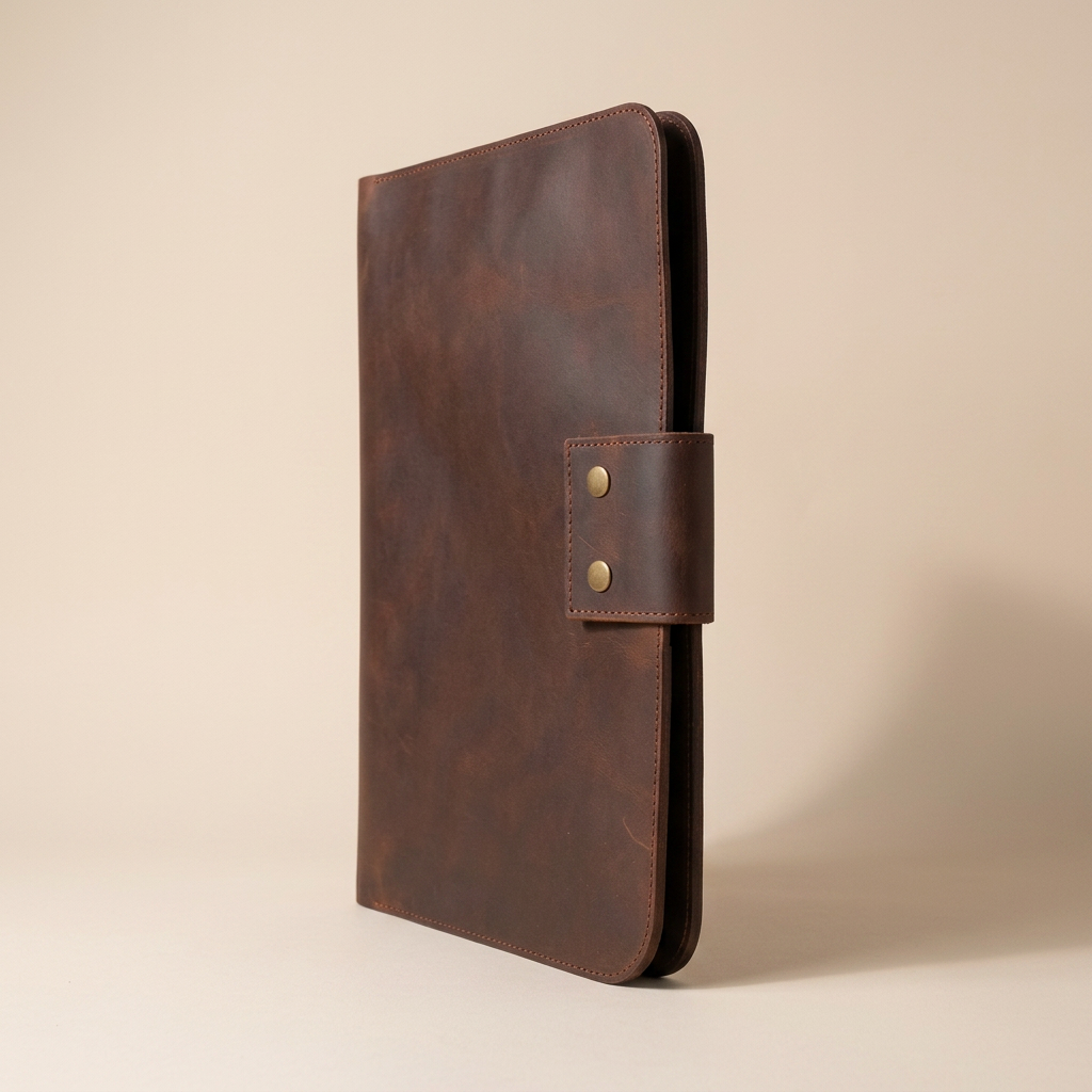 Closed exterior view of the Velora Leather Travel Document Organizer, showing the tall closed silhouette, exterior leather surface, closure tab with two brass-toned studs, and perimeter stitching.