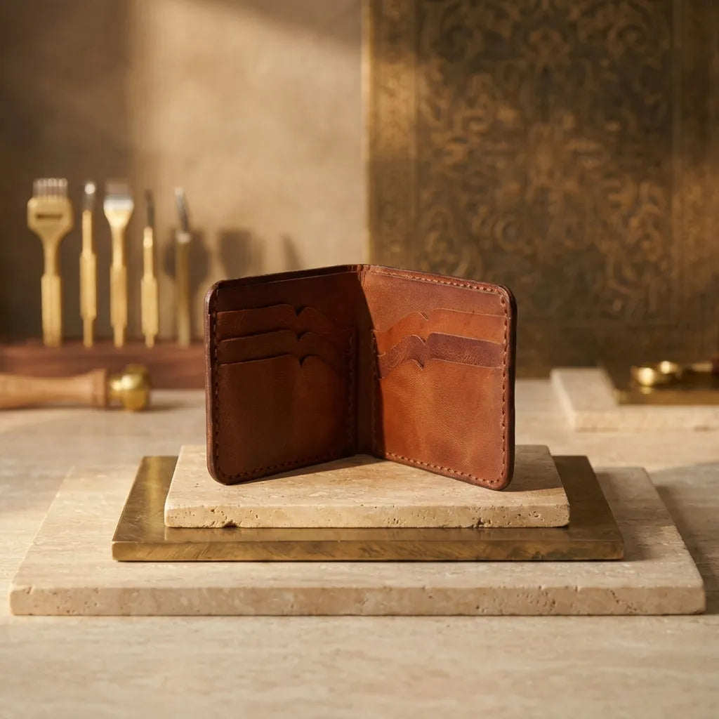 Velora Classic Bifold Wallet shown open, revealing the interior card slots on both sides, the center bifold spine, interior panels, and interior stitching.