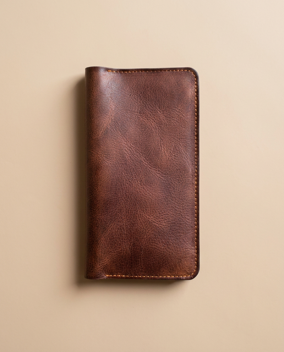 Closed exterior view of the Velora Maren Continental Wallet, showing its long continental silhouette, rounded top corners, and perimeter stitching against a plain beige background.