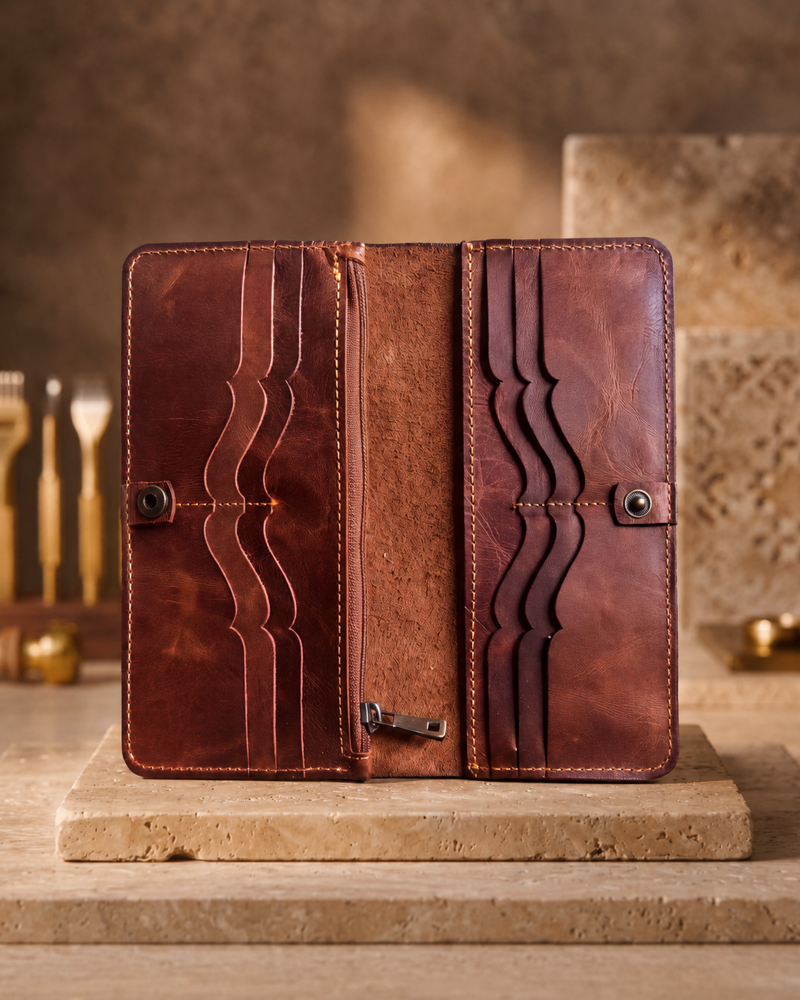 Velora Maren Continental Wallet shown open, revealing multiple card slots arranged on both interior panels with a central zip compartment, snap closure tabs, and stitched leather edges.