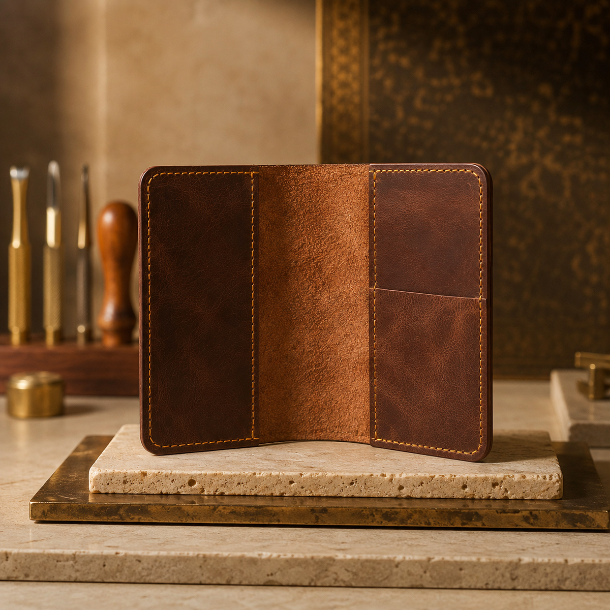 Velora Mira passport wallet propped open in a V shape, revealing the cognac leather cover and suede interior with a card pocket.
