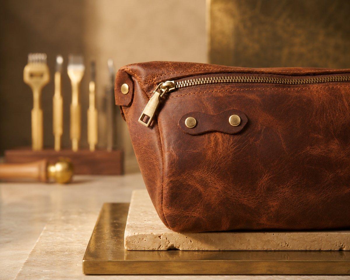 Close-up of the Velora Leather Sling Bag's zipper closure, showing the brass-toned zipper pull and track, a two-rivet leather attachment tab, and the natural grain of the leather.