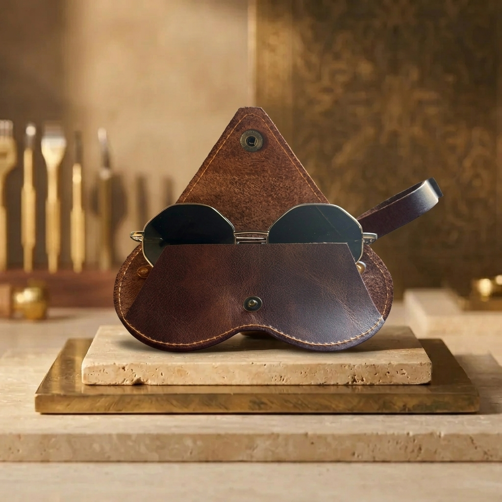 Velora Leather Sunglasses Case opened, showing a pair of sunglasses nested inside, with the wrist loop strap and its ring visible, styled with leathercraft tools and a gold-toned panel in the background.