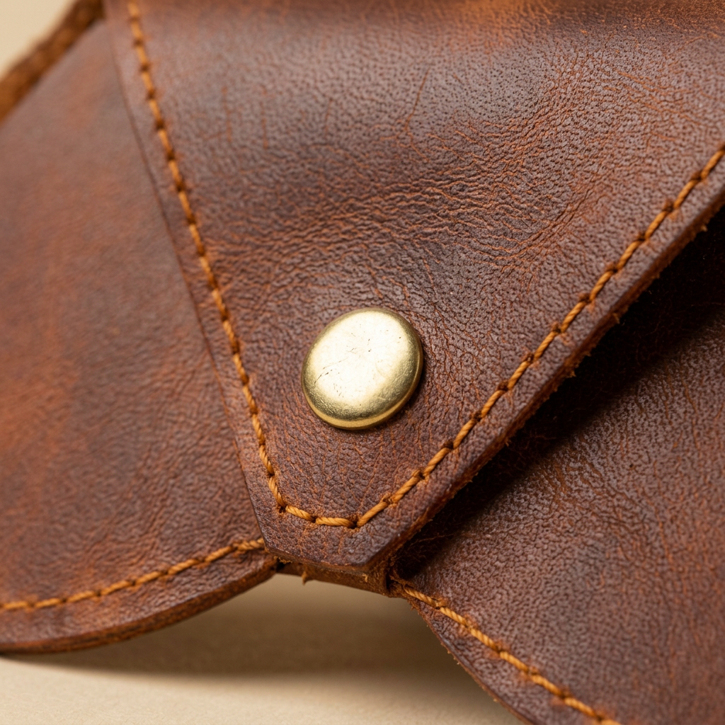 Close-up of the Velora Leather Sunglasses Case's flap closure, showing the brass-toned snap stud, stitched flap edge, and the natural grain of the leather.