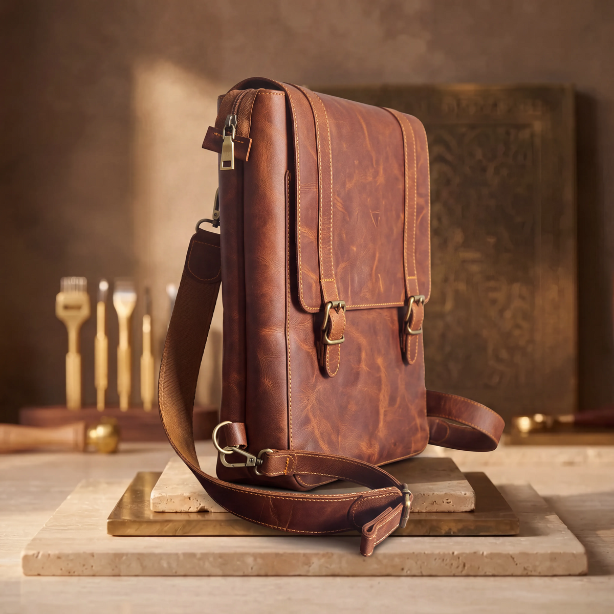 Three-quarter view of Velora Mason showing the structured leather body, twin buckle closures, shoulder strap, side attachment hardware, and top zip closure.