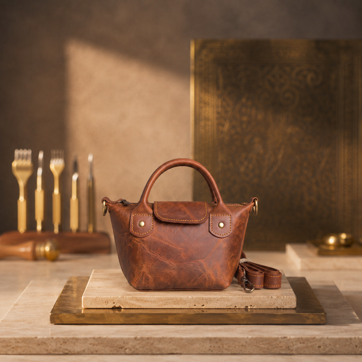 Velora Rowan Small leather tote bag - front view with coiled strap