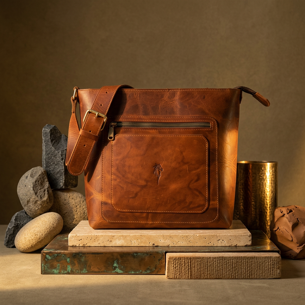 Burnished Cognac full-grain leather messenger bag with a front zip pocket, brass zipper pull, and a strap fastened with a brass buckle, styled among stones and a brass vessel.