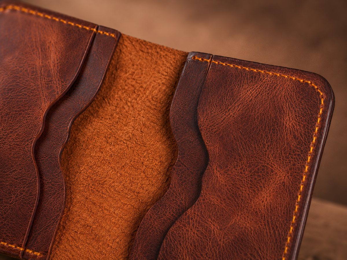 Close-up of the Velora Lina's interior card slots, showing the curved wave-cut leather edges and tan suede lining between the panels.