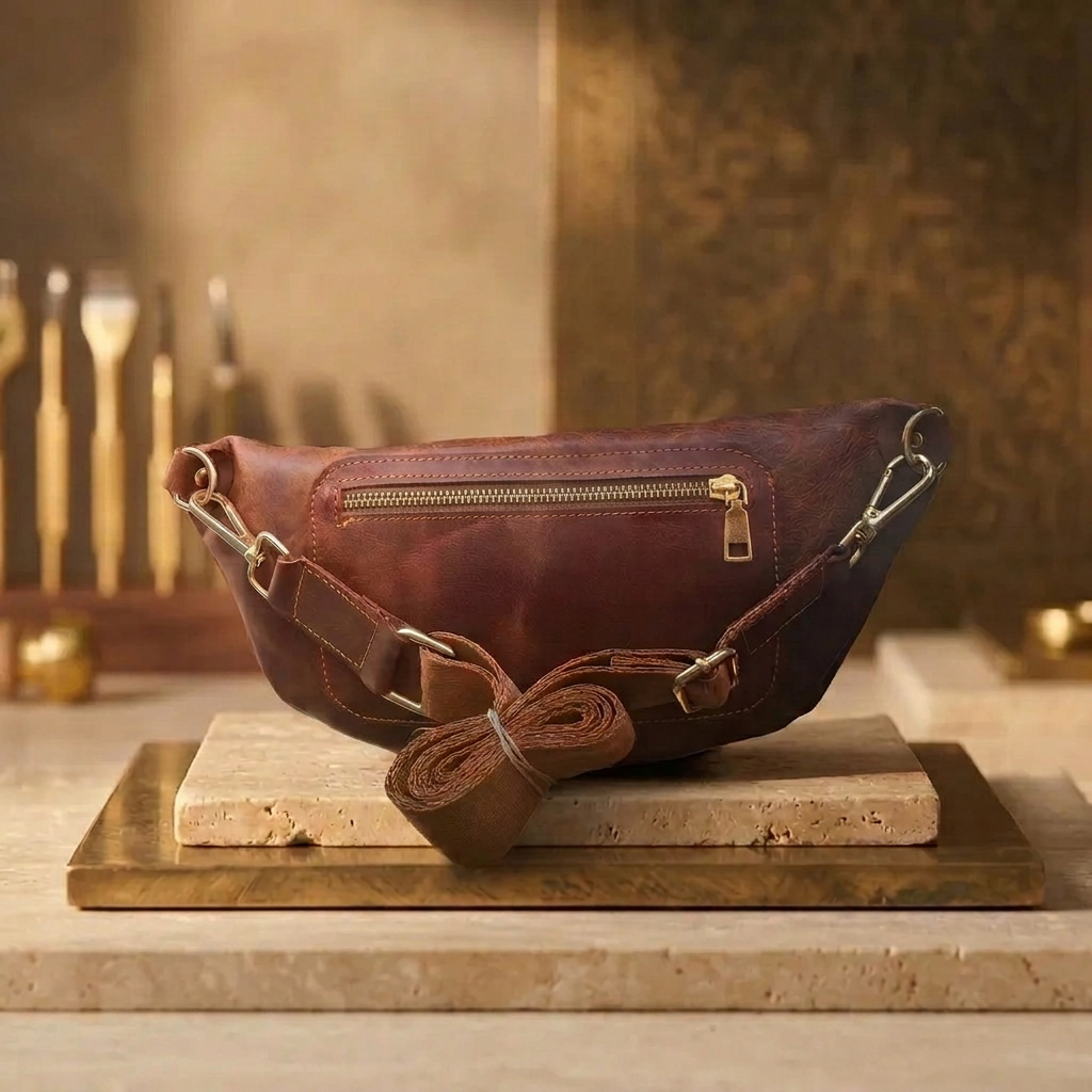 Tan full-grain leather crossbody sling bag with brass-toned zip pocket and a coiled strap, styled on a stone block with brass tools in the background.
