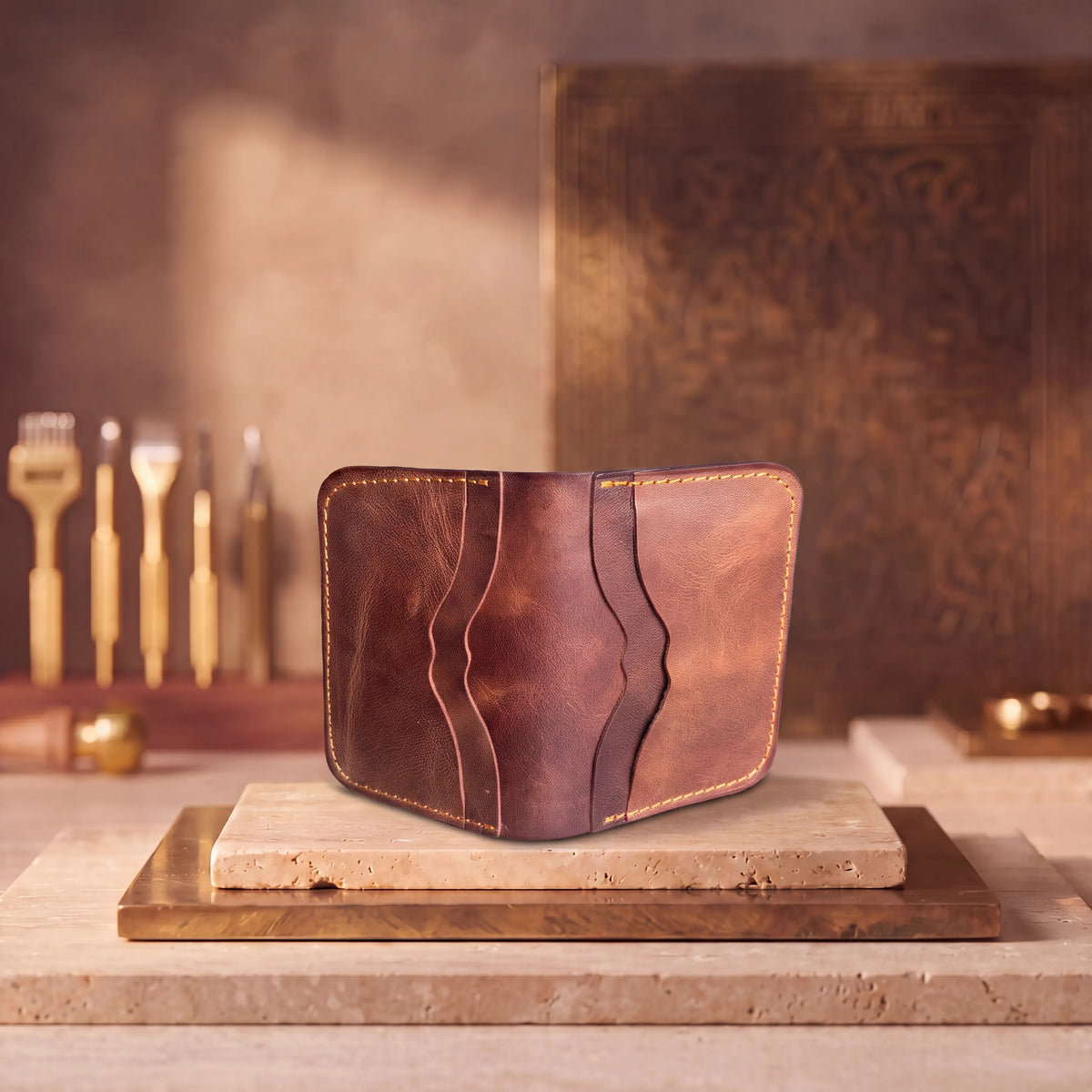 Velora Lina leather bifold card wallet, closed and standing upright, showing the exterior front panel with curved wave-stitched seams and orange contrast stitching along the edges.