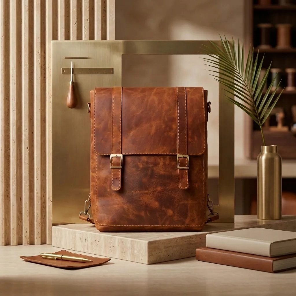 Burnished Cognac full-grain leather satchel bag with a tall rectangular silhouette, twin buckled front straps, and a clip-style hook at each side, styled with a brass frame and stacked books.