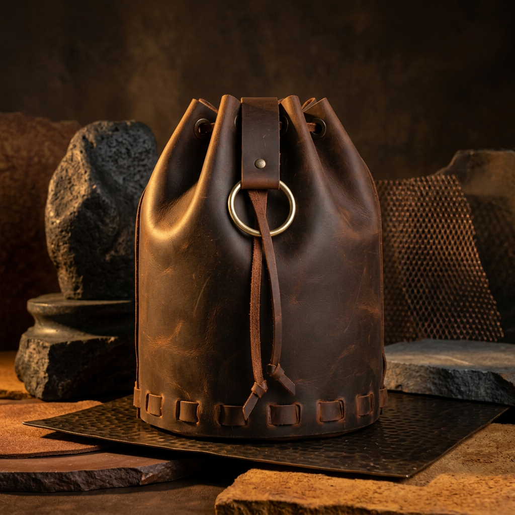 Deep Espresso full-grain leather bucket bag with a drawstring-gathered top, a round metal ring at the front, and a woven leather lacing detail at the base, styled among stones and a textured metal panel.