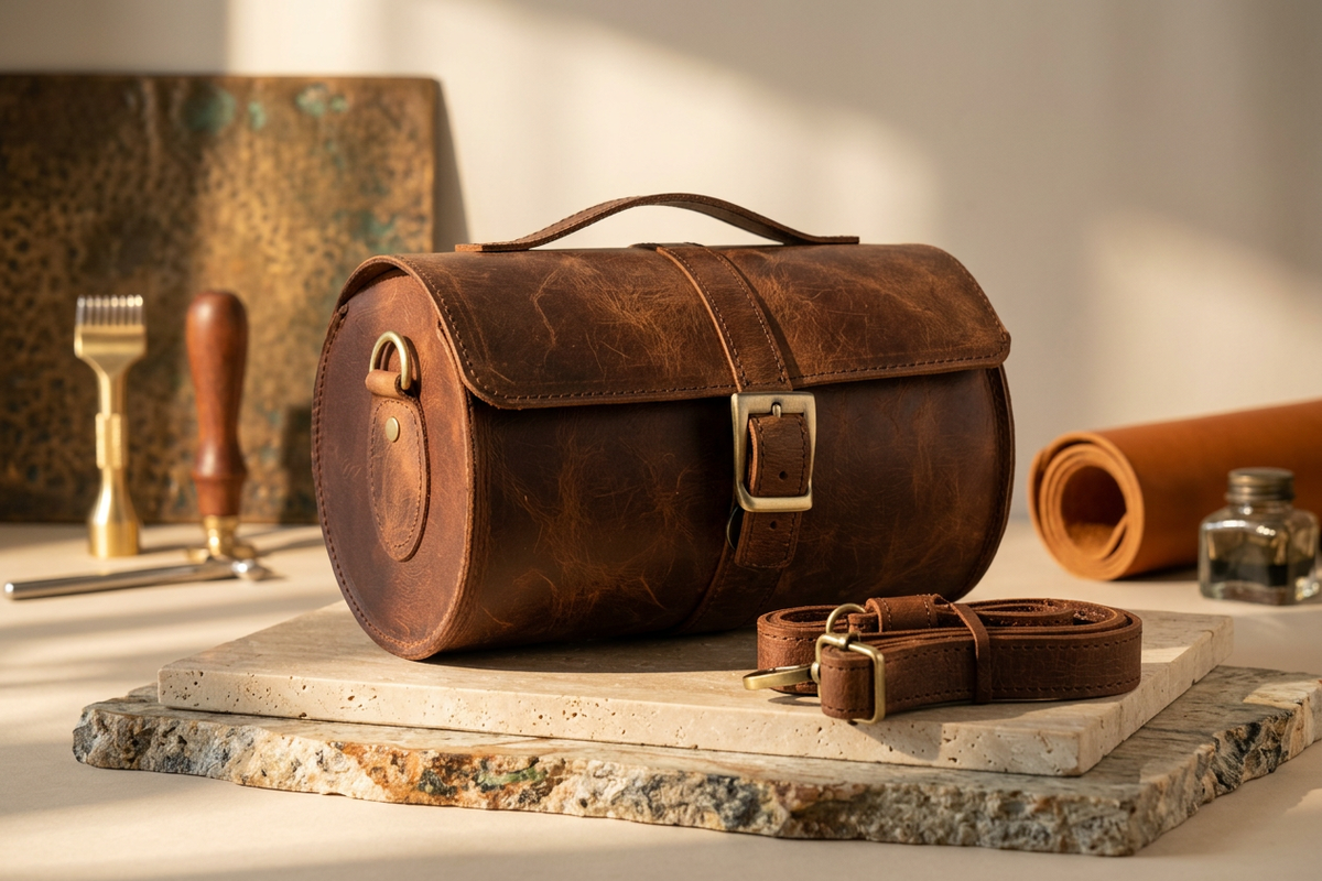 Burnished Cognac full-grain leather cylinder crossbody bag with a buckled flap closure, top handle, and a detachable strap with a sliding buckle and swivel clips, styled with leathercraft tools and a rolled hide.