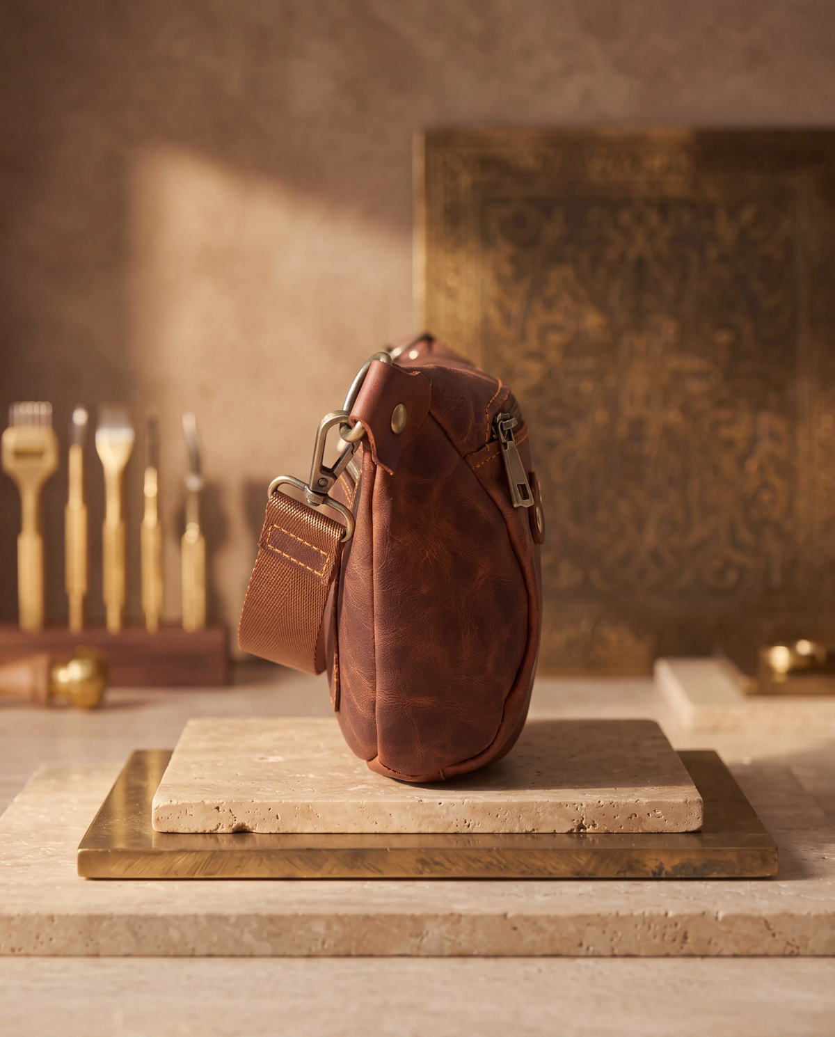 Side profile of the Velora Leather Sling Bag, showing the full crescent silhouette and bag depth, the strap's swivel-hook clasp attached to a D-ring, a round rivet, and the zipper pull along the top edge.